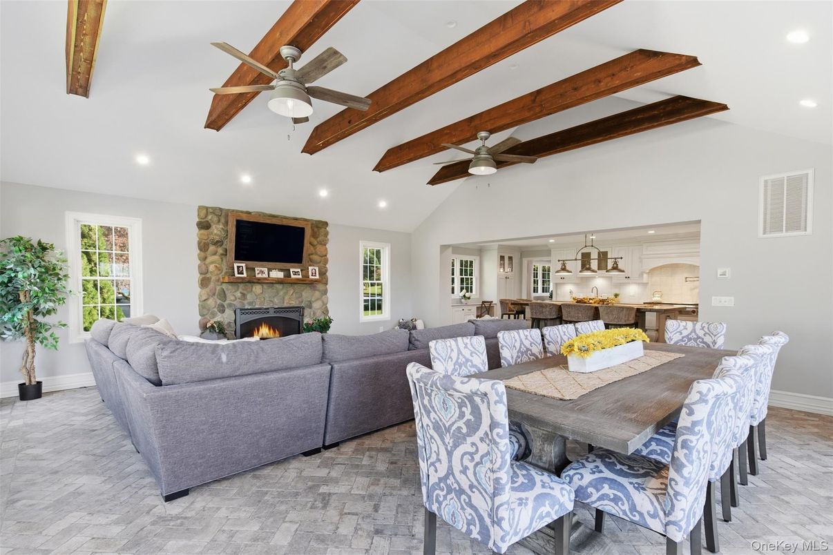 Dining room, Fireplace, Interior, Kitchen, Living room, Recessed Lighting, Wooden Beams