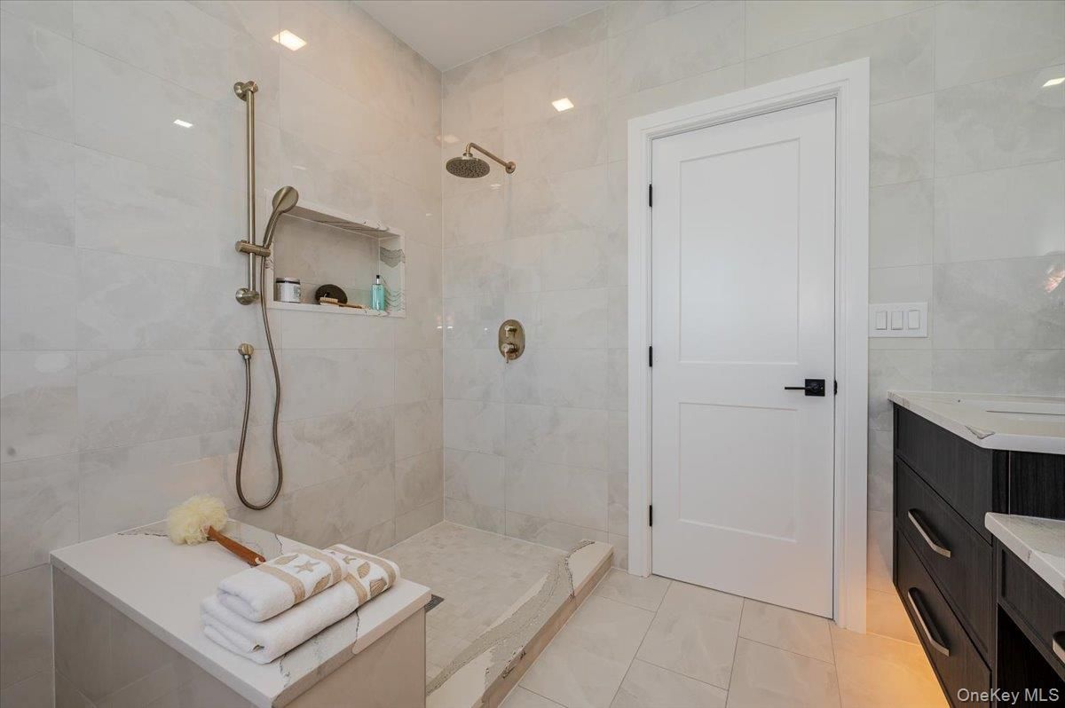Bathroom, Glass Shower, Interior, Marble Walls, Recessed Lighting