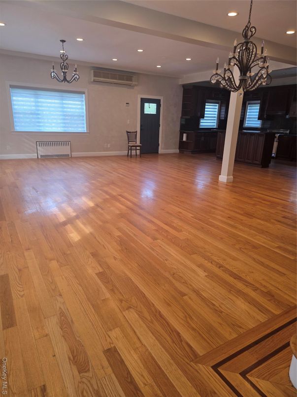 Chandelier, Empty room, Interior, Recessed Lighting, Wood Texture Flooring