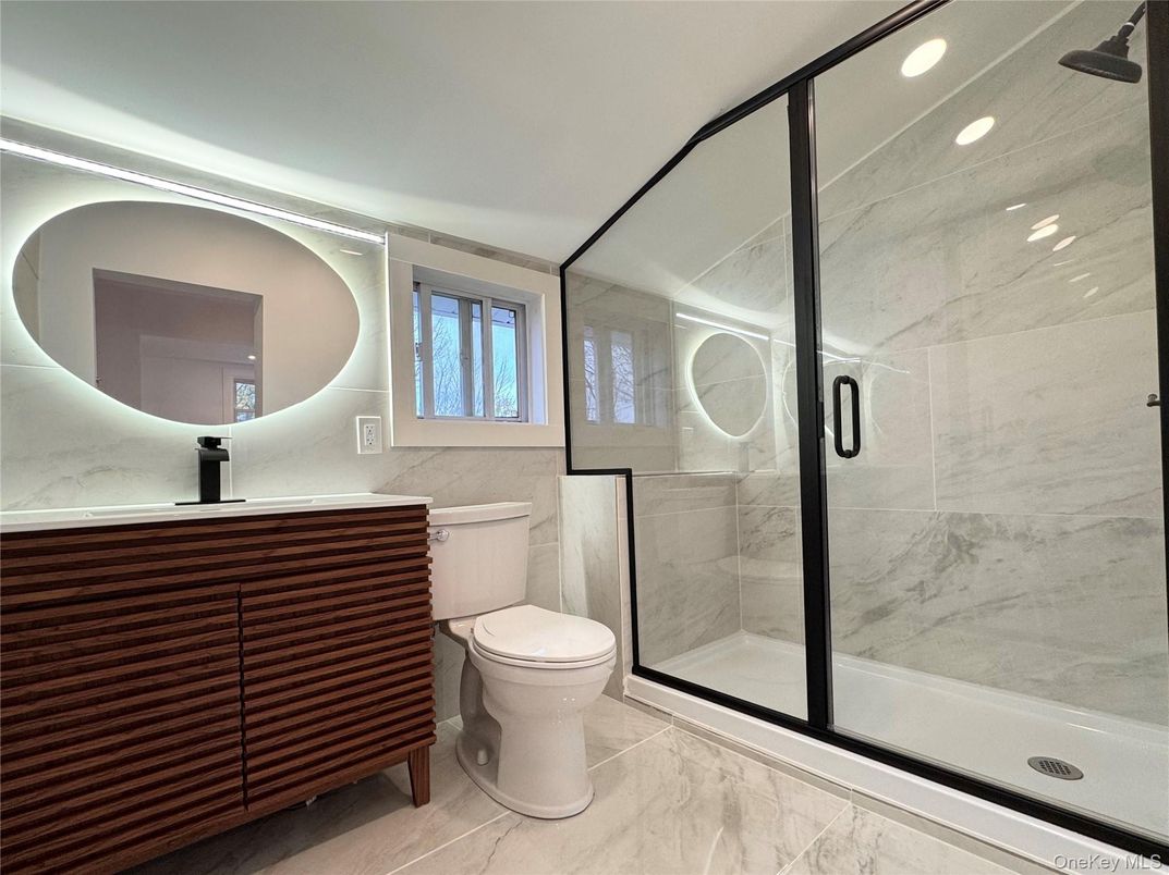 Bathroom, Glass Shower, Interior, Marble, Marble Walls, Recessed Lighting