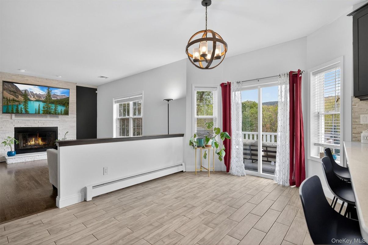 Fireplace, Interior, Pendant Lights, Recessed Lighting, Wood Texture Flooring