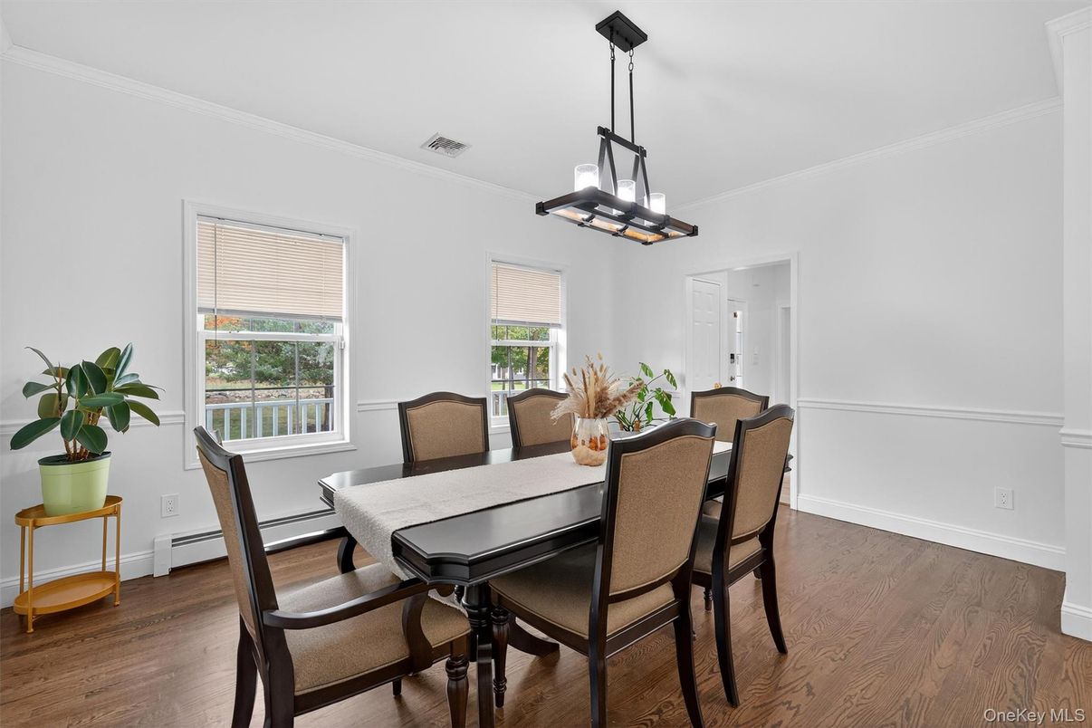 Dining room, Interior, Pendant Lights, Wood Texture Flooring