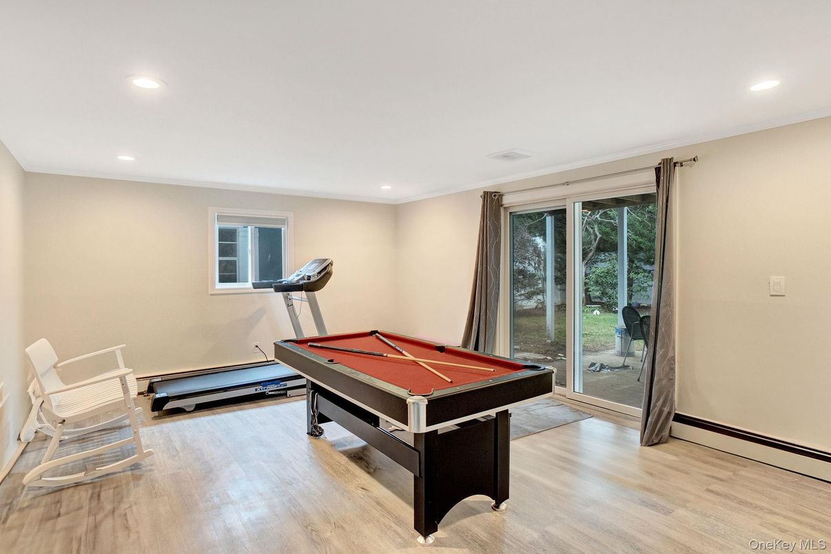Billiard Table, Fitness Equipment, Game Room, Interior, Recessed Lighting, Wood Texture Flooring