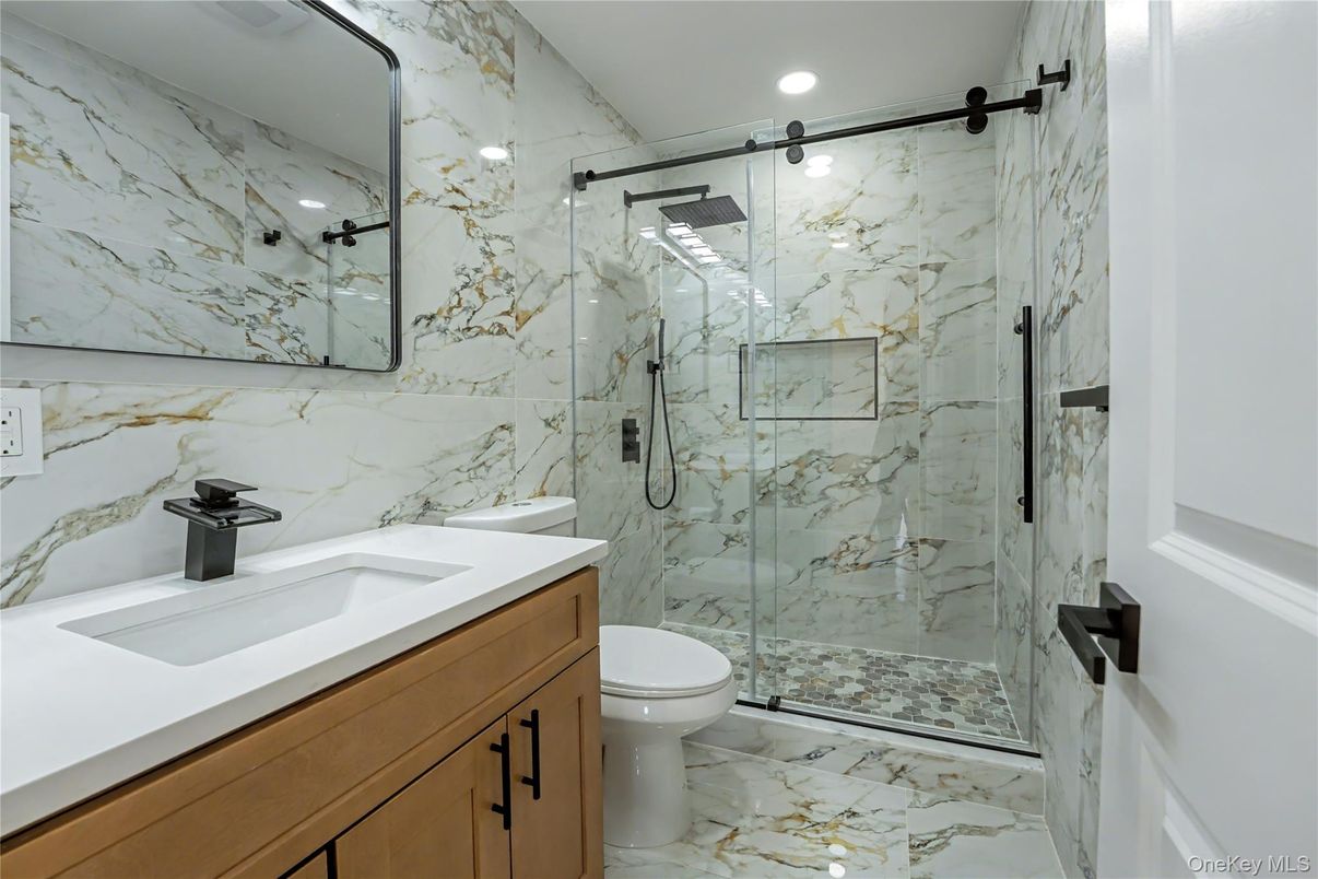 Bathroom, Glass Shower, Interior, Marble, Marble Walls, Recessed Lighting