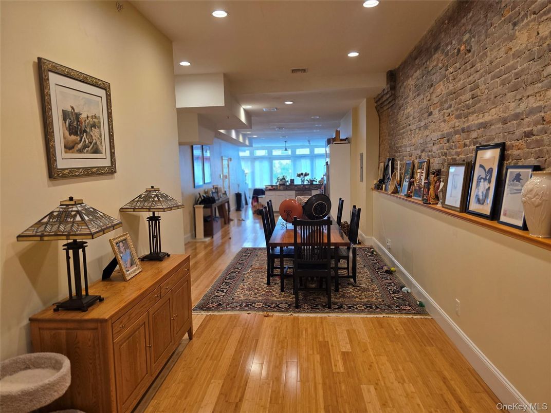Dining room, Interior, Recessed Lighting, Stone Walls, Wood Texture Flooring