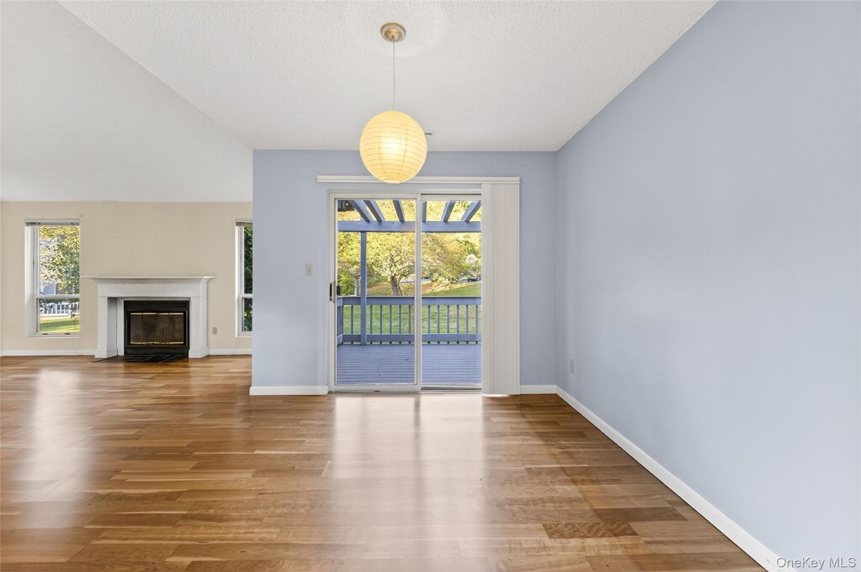 Empty room, Fireplace, Interior, Pendant Lights, Wood Texture Flooring
