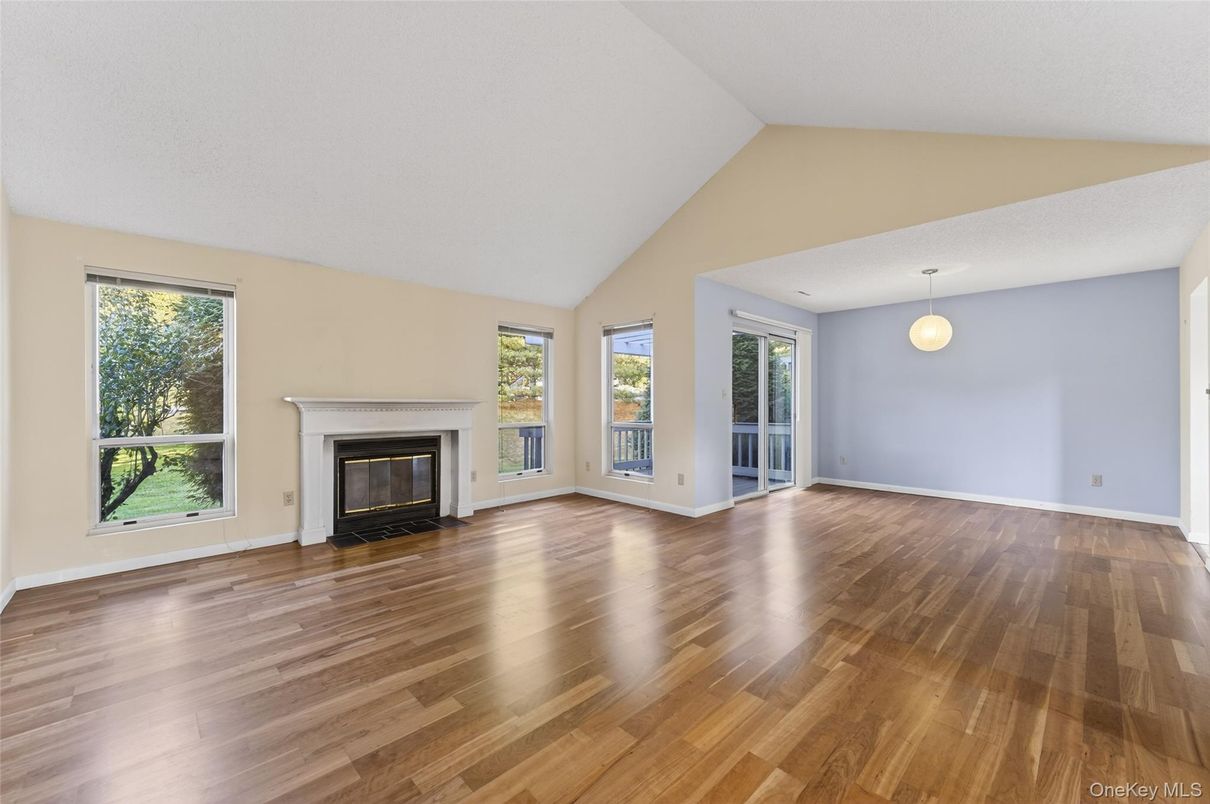 Empty room, Fireplace, Interior, Pendant Lights, Wood Texture Flooring