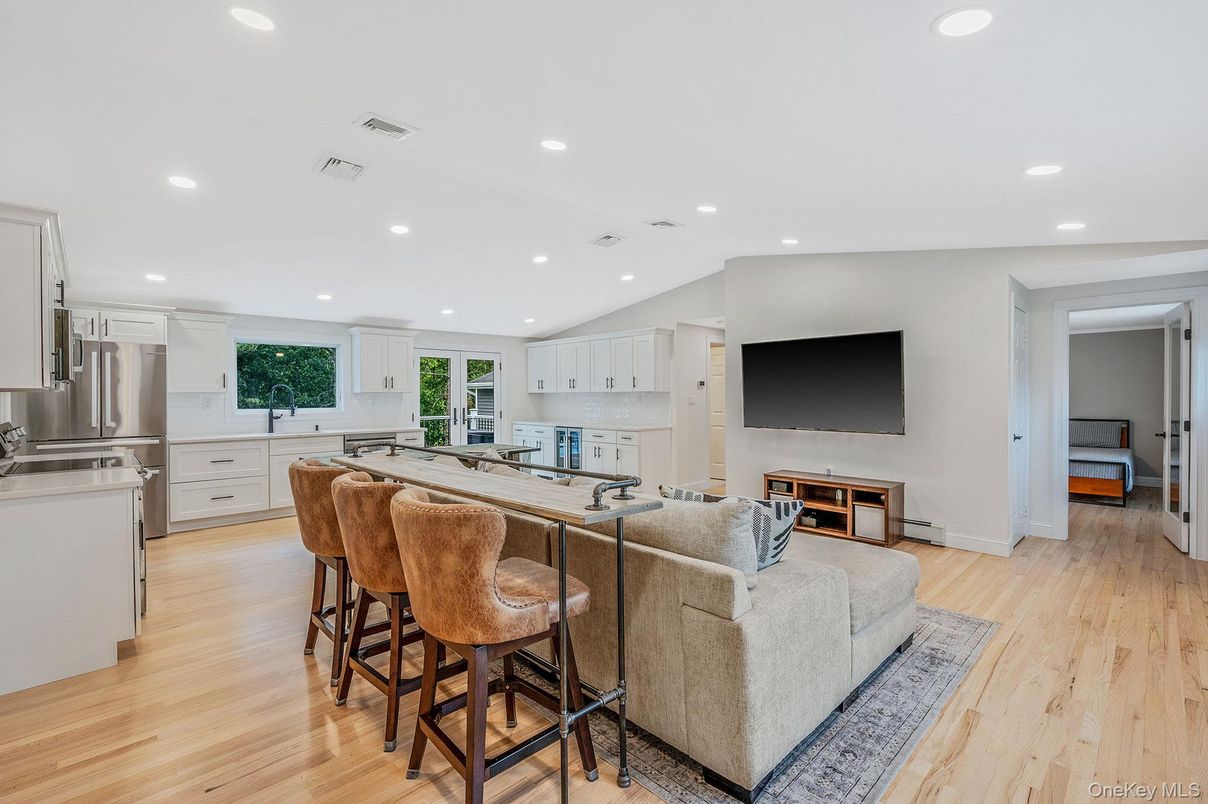 Interior, Kitchen, Living room, Recessed Lighting, Stainless Steel Appliances, Wood Texture Flooring