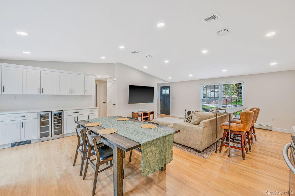 Dining room, Interior, Kitchen, Living room, Recessed Lighting, Wood Texture Flooring
