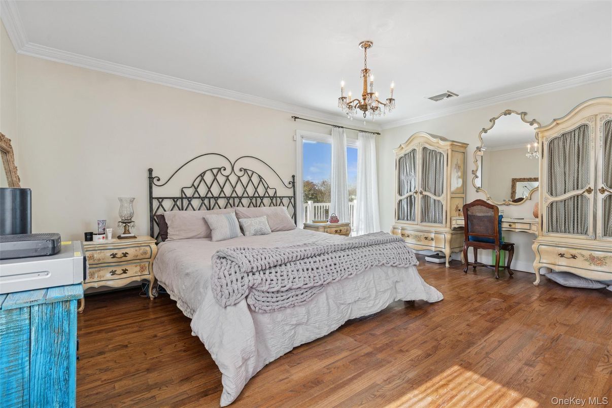 Bedroom, Chandelier, Interior, Wood Texture Flooring