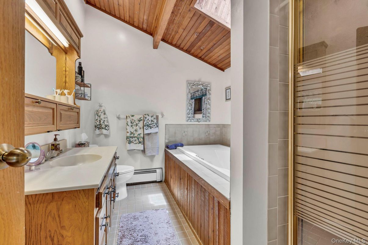 Bathroom, Dual Sink Vanities, Interior, Wooden Beams, Wooden Ceilings