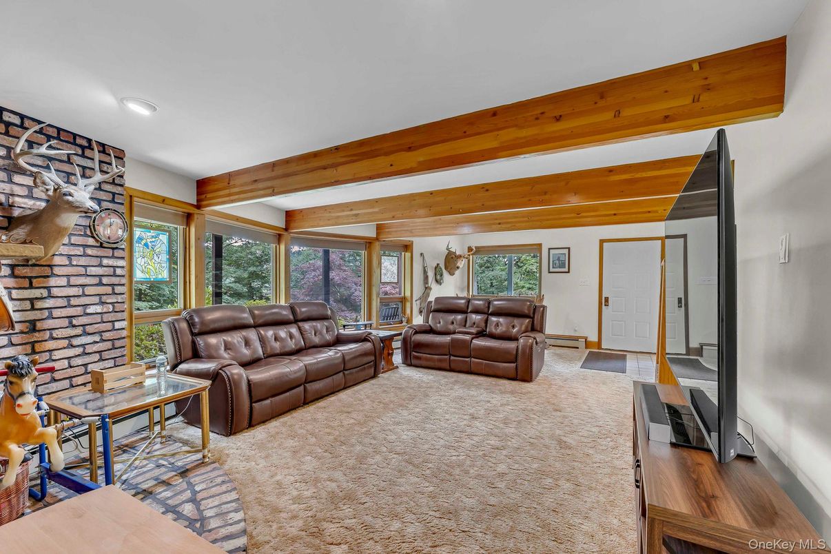 Interior, Living room, Recessed Lighting, Stone Walls, Wooden Beams