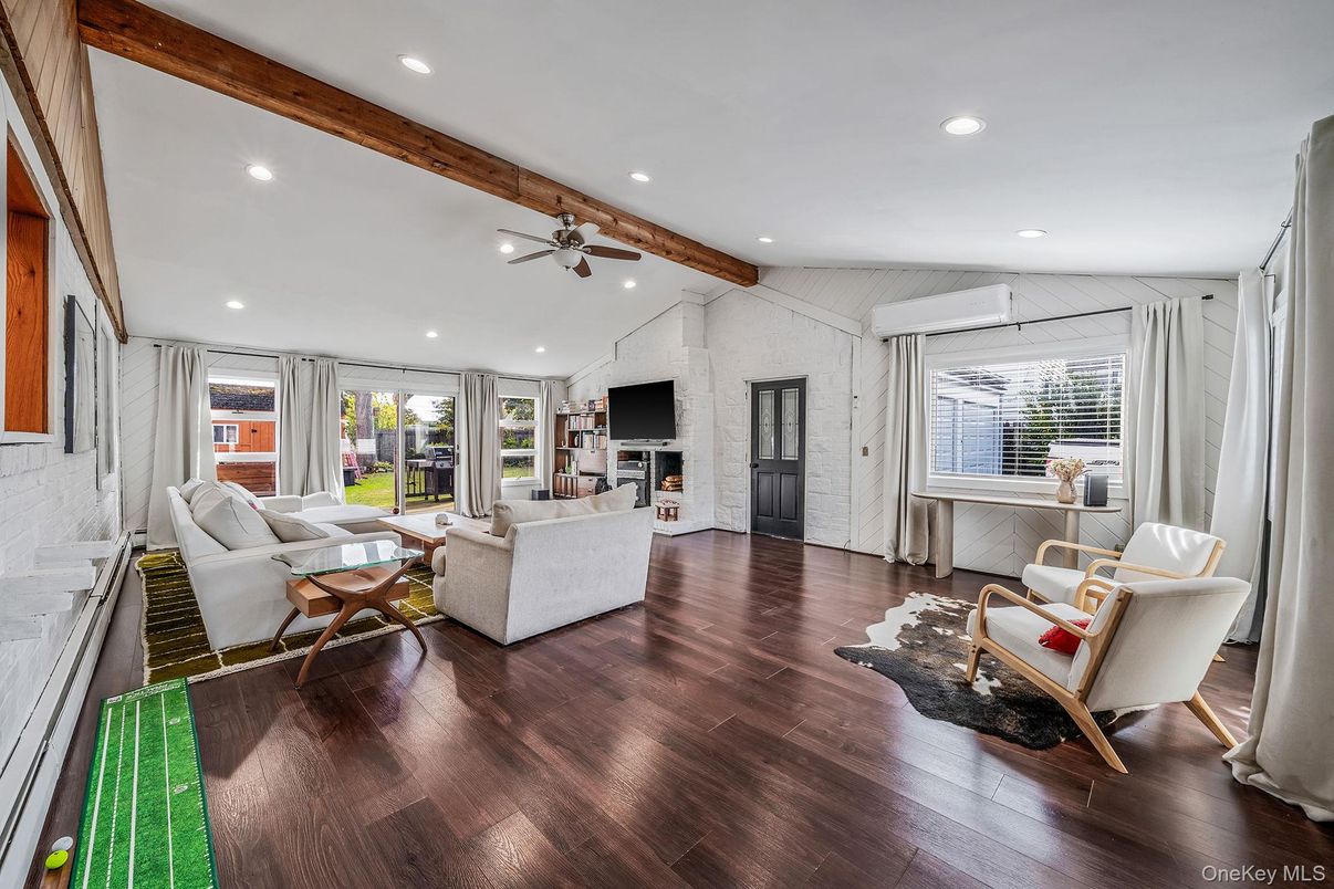 Fireplace, Interior, Living room, Recessed Lighting, Wooden Beams, Wood Texture Flooring