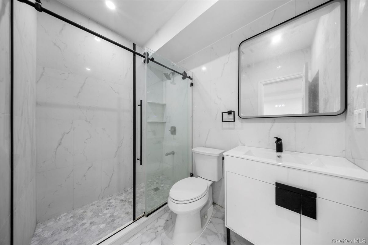 Bathroom, Glass Shower, Interior, Marble, Marble Walls, Recessed Lighting