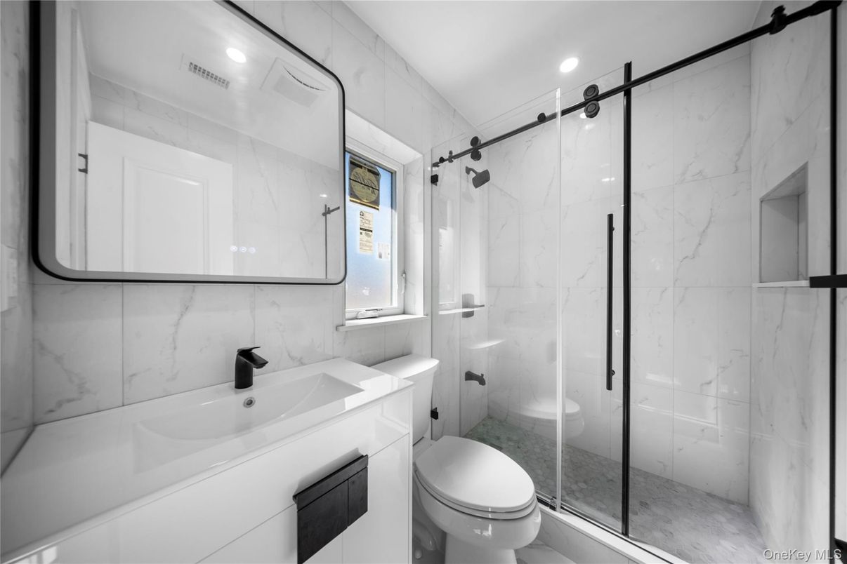 Bathroom, Glass Shower, Interior, Marble Walls, Recessed Lighting