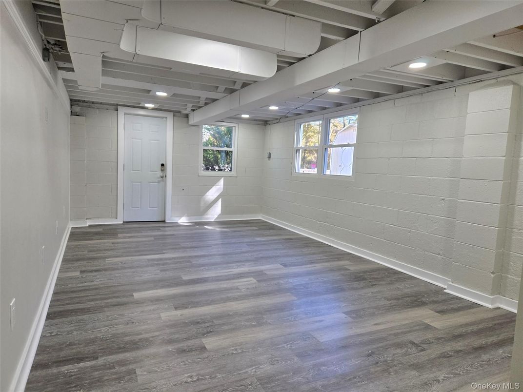 Empty room, Interior, Recessed Lighting, Stone Walls, Wood Texture Flooring