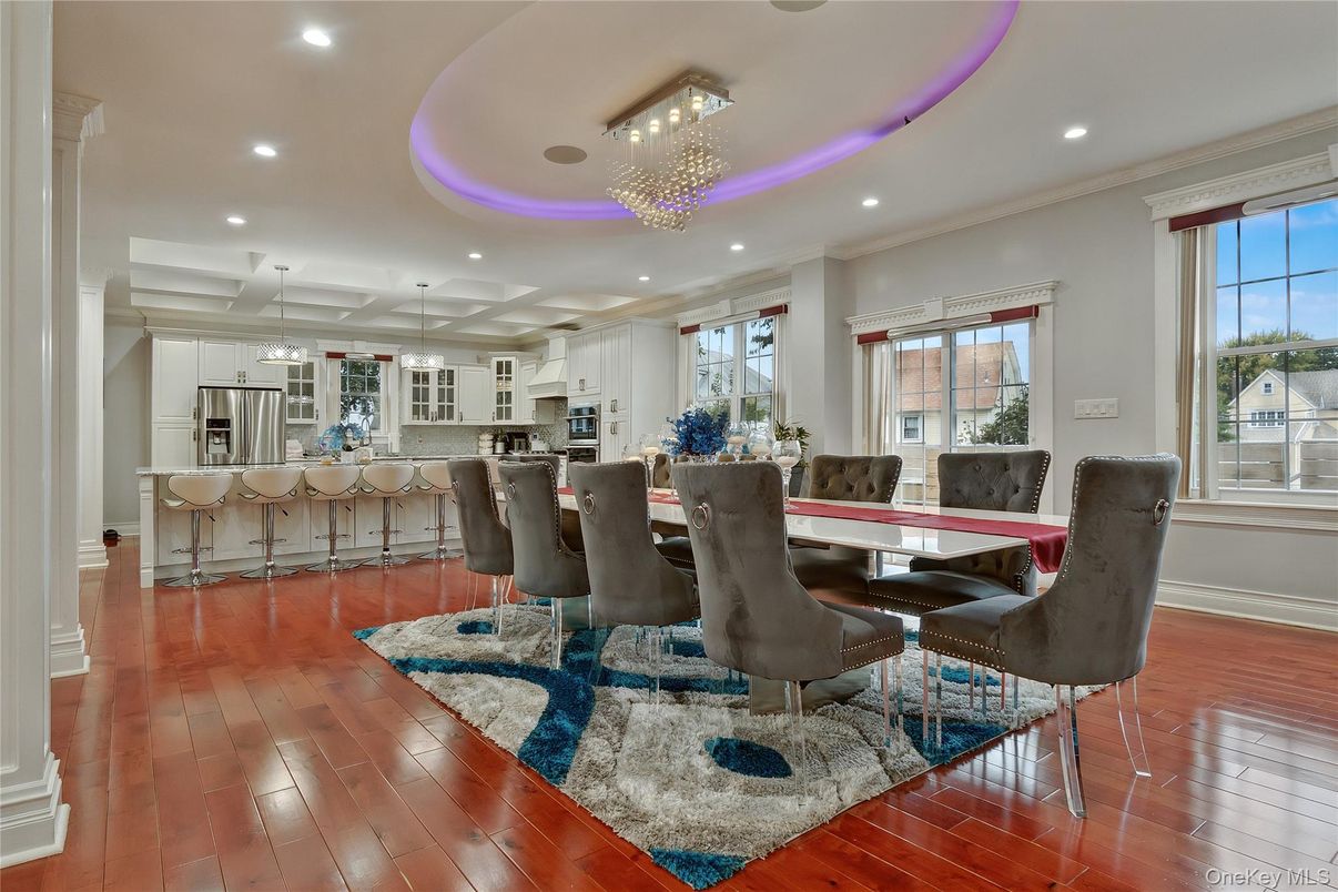 Dining room, Interior, Kitchen, Recessed Lighting, Stainless Steel Appliances, Wood Texture Flooring