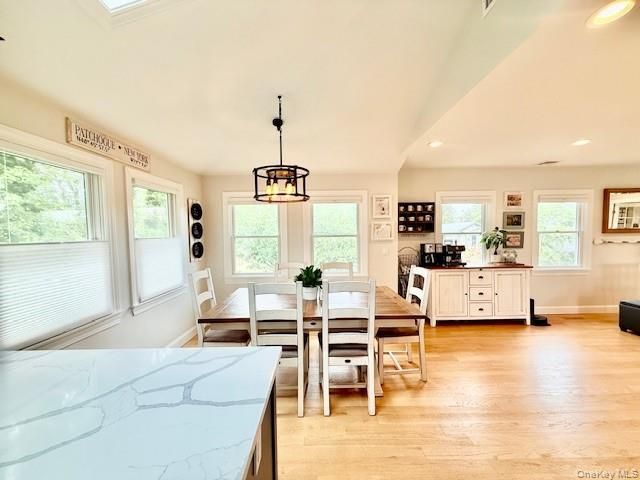 Dining room, Interior, Pendant Lights, Recessed Lighting, Wood Texture Flooring