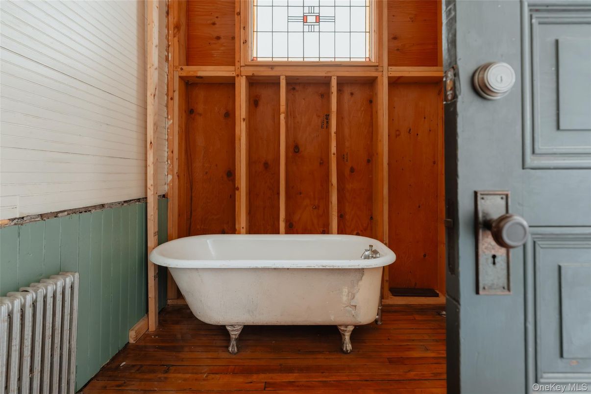 Bathroom, Free Standing Baths, Interior, Wood Texture Flooring, Wooden Walls