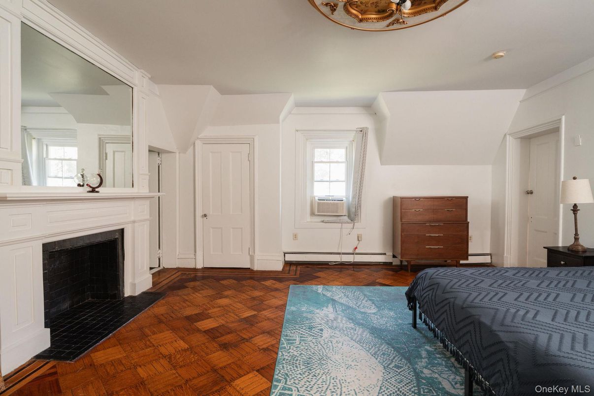 Bedroom, Fireplace, Interior, Wood Texture Flooring