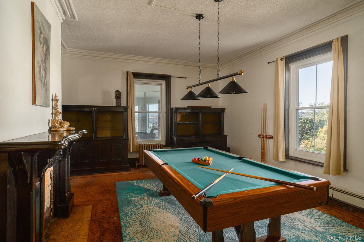 Billiard Table, Game Room, Interior, Pendant Lights, Wood Texture Flooring