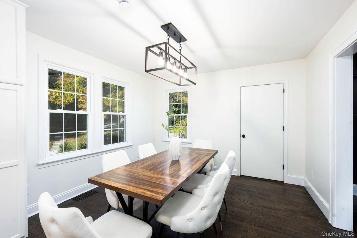 Dining room, Interior, Pendant Lights, Wood Texture Flooring