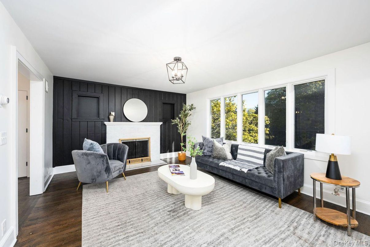 Fireplace, Interior, Living room, Pendant Lights, Wood Texture Flooring