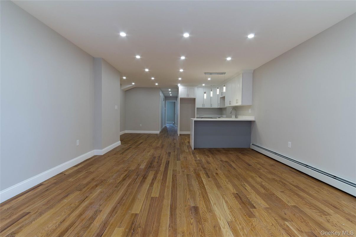 Empty room, Interior, Kitchen, Pendant Lights, Recessed Lighting, Wood Texture Flooring