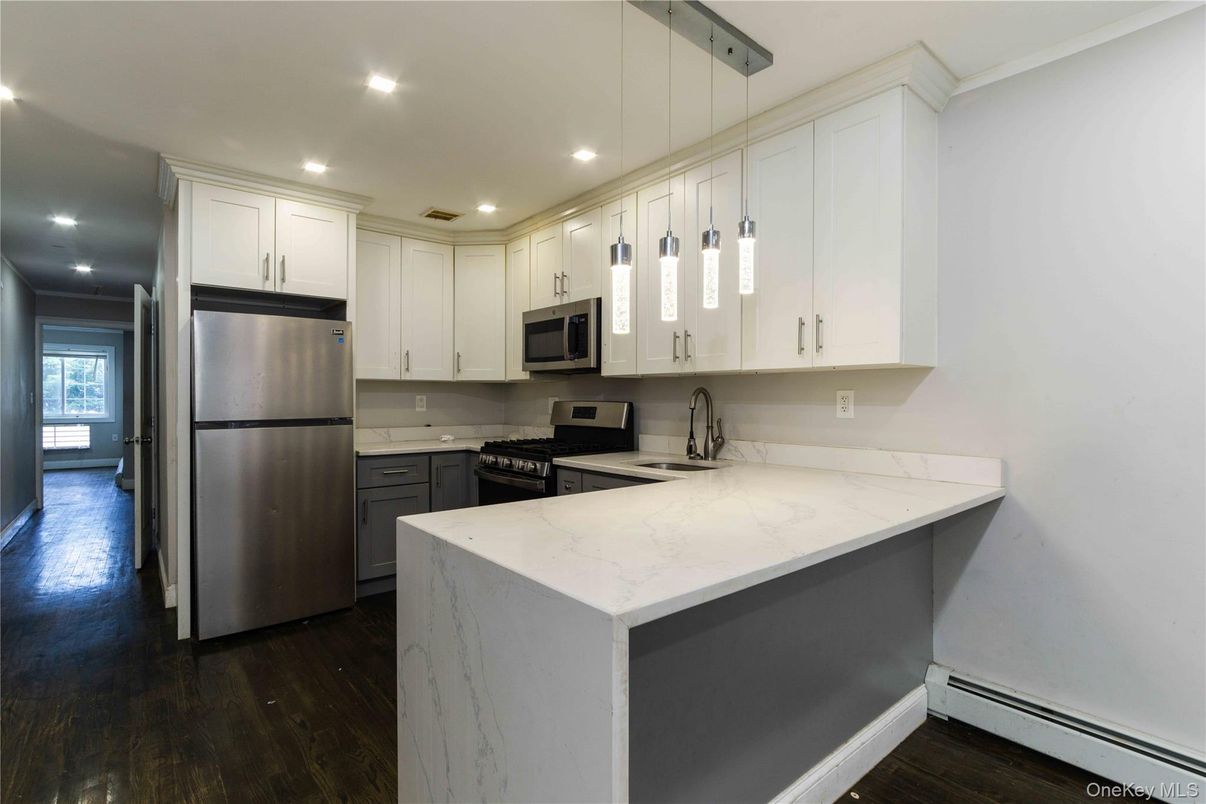 Interior, Kitchen, Pendant Lights, Recessed Lighting, Stainless Steel Appliances, Wood Texture Flooring