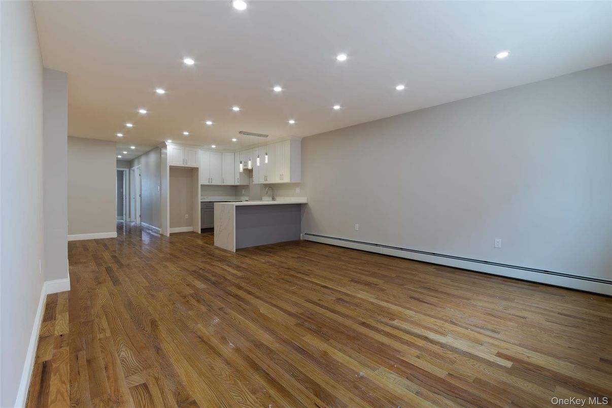 Empty room, Interior, Kitchen, Pendant Lights, Recessed Lighting, Wood Texture Flooring