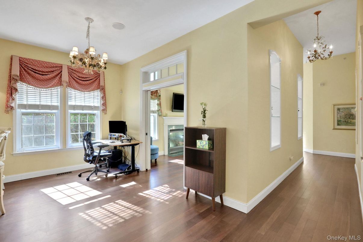 Chandelier, Fireplace, Home Office, Interior, Wood Texture Flooring