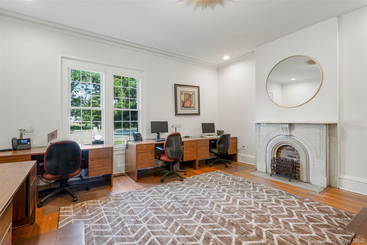 Fireplace, Home Office, Interior, Recessed Lighting, Wood Texture Flooring