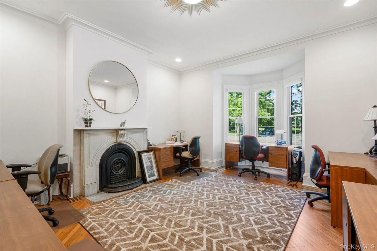 Fireplace, Home Office, Interior, Recessed Lighting, Wood Texture Flooring