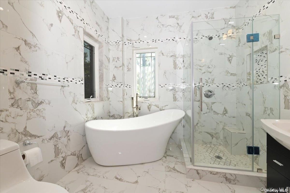 Bathroom, Free Standing Baths, Glass Shower, Interior, Marble, Marble Walls