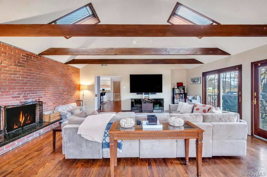 Fireplace, Interior, Living room, Stone Walls, Wooden Beams, Wood Texture Flooring