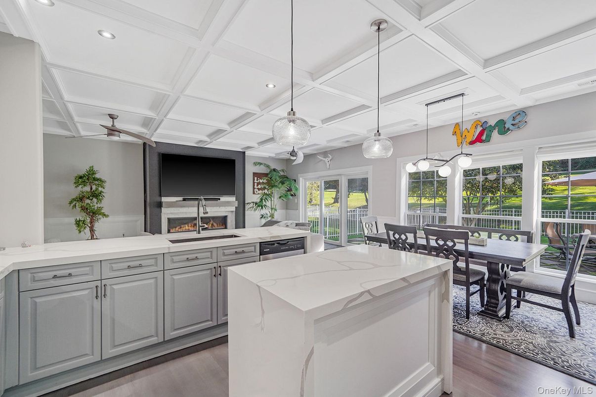 Dining room, Fireplace, Interior, Kitchen, Pendant Lights, Recessed Lighting, Wood Texture Flooring