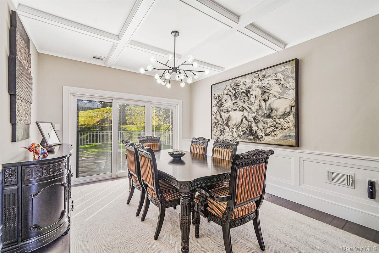 Dining room, Interior, Pendant Lights, Wood Texture Flooring