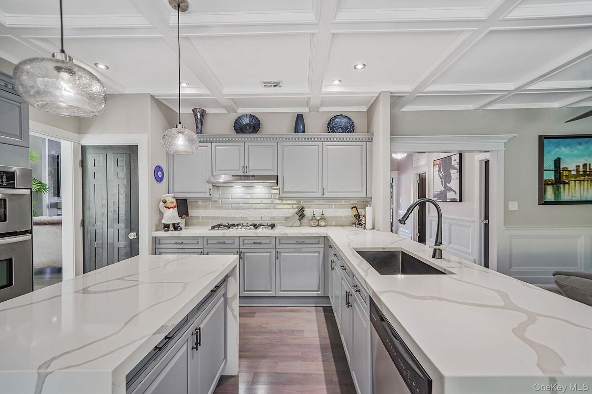 Interior, Kitchen, Pendant Lights, Recessed Lighting, Stainless Steel Appliances, Wood Texture Flooring