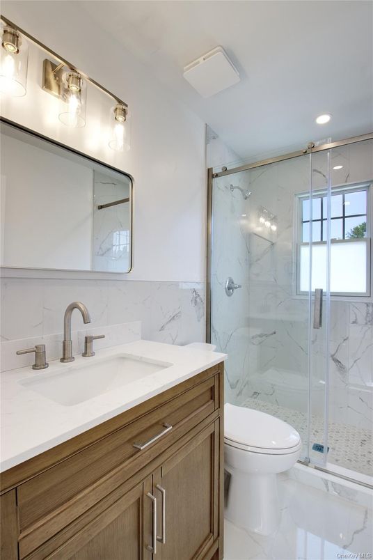 Bathroom, Glass Shower, Interior, Marble, Marble Walls, Recessed Lighting