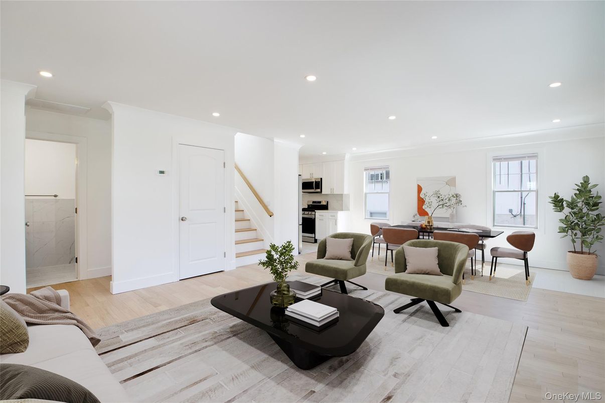 Dining room, Interior, Kitchen, Living room, Recessed Lighting, Wood Texture Flooring