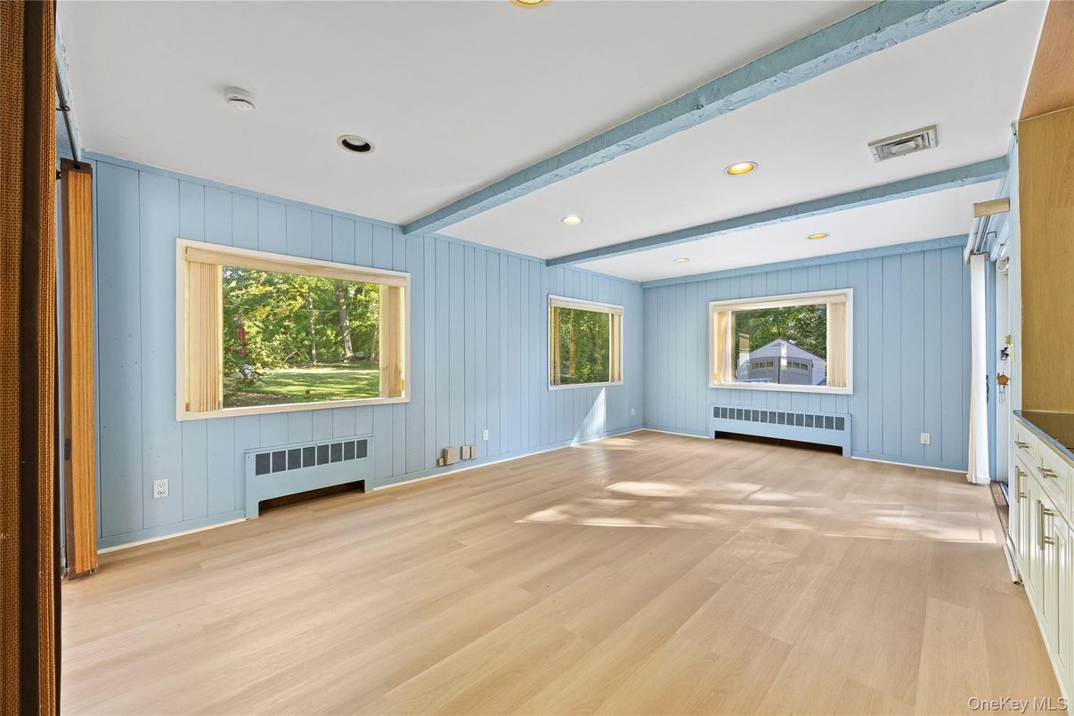 Empty room, Fireplace, Interior, Recessed Lighting, Wood Texture Flooring