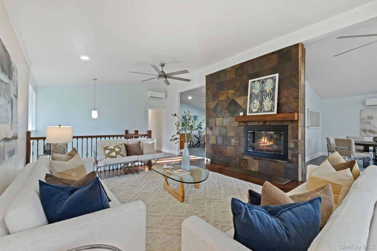 Dining room, Fireplace, Interior, Living room, Pendant Lights, Recessed Lighting, Stone Walls