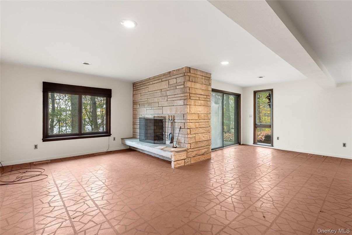Empty room, Fireplace, Interior, Recessed Lighting, Stone Walls