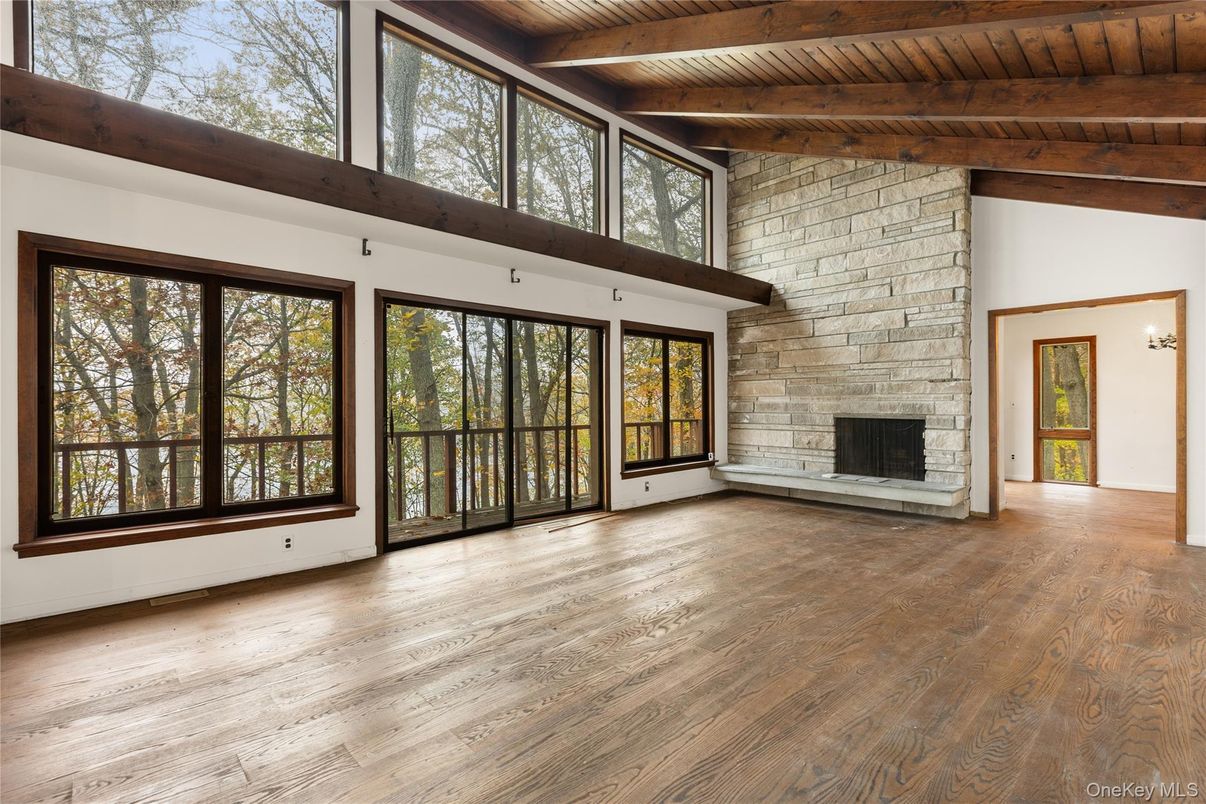 Empty room, Fireplace, Interior, Stone Walls, Wooden Beams, Wooden Ceilings, Wood Texture Flooring