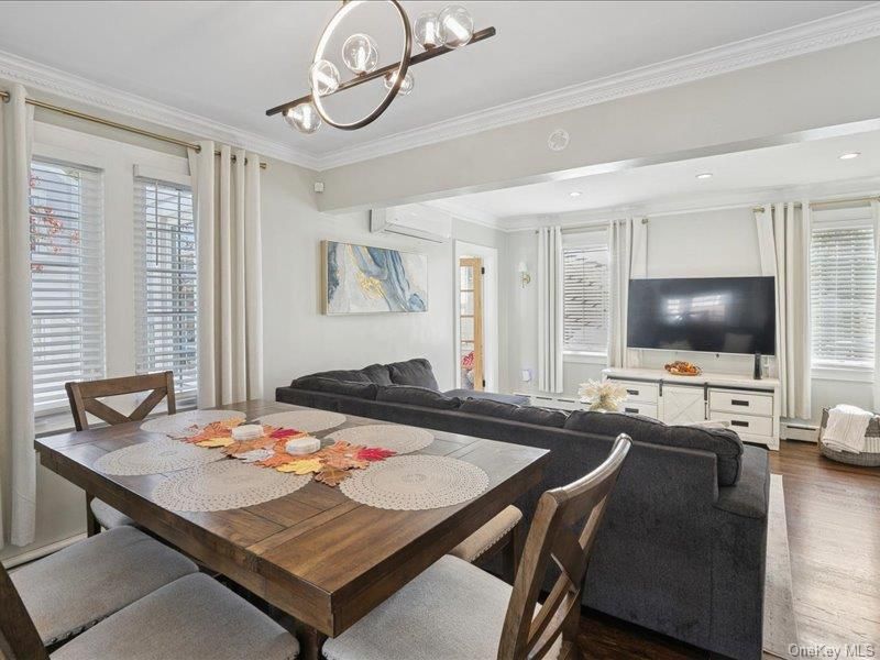Dining room, Interior, Living room, Recessed Lighting, Wood Texture Flooring