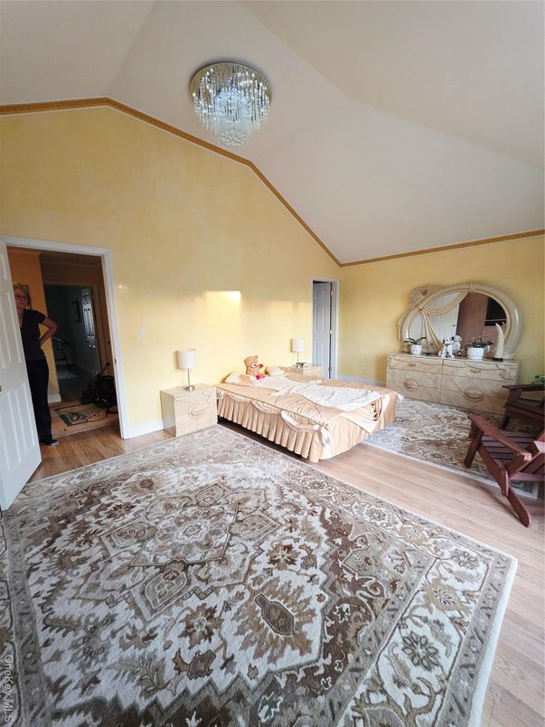 Bedroom, Chandelier, Interior, Wood Texture Flooring
