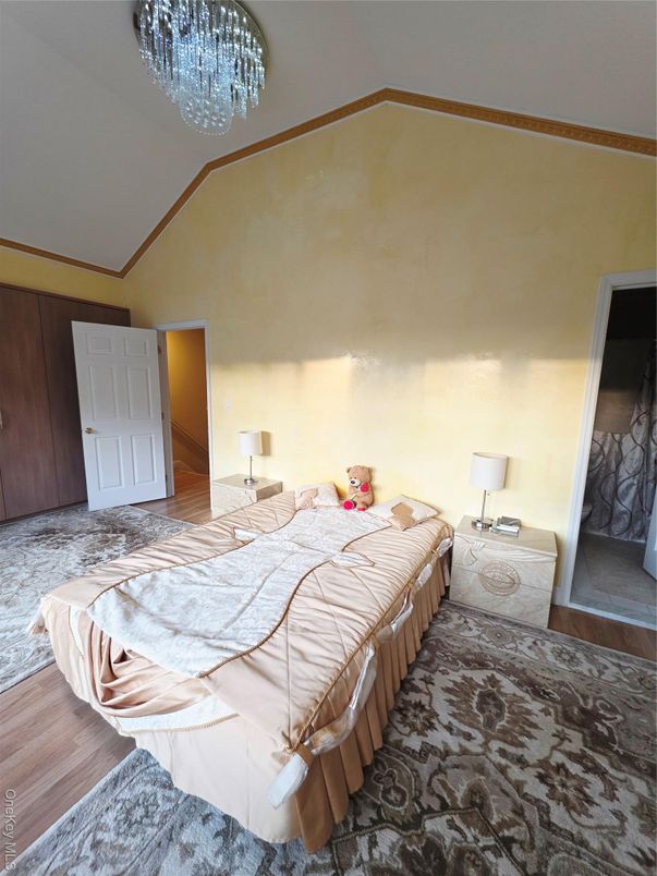 Bedroom, Chandelier, Interior, Wood Texture Flooring