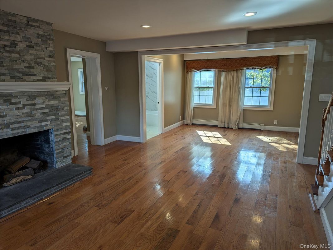 Empty room, Fireplace, Interior, Recessed Lighting, Wood Texture Flooring