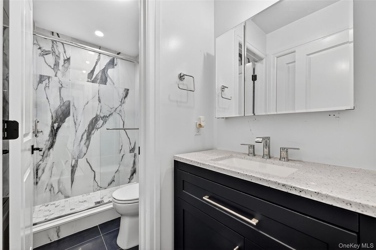 Bathroom, Glass Shower, Interior, Marble Walls, Recessed Lighting