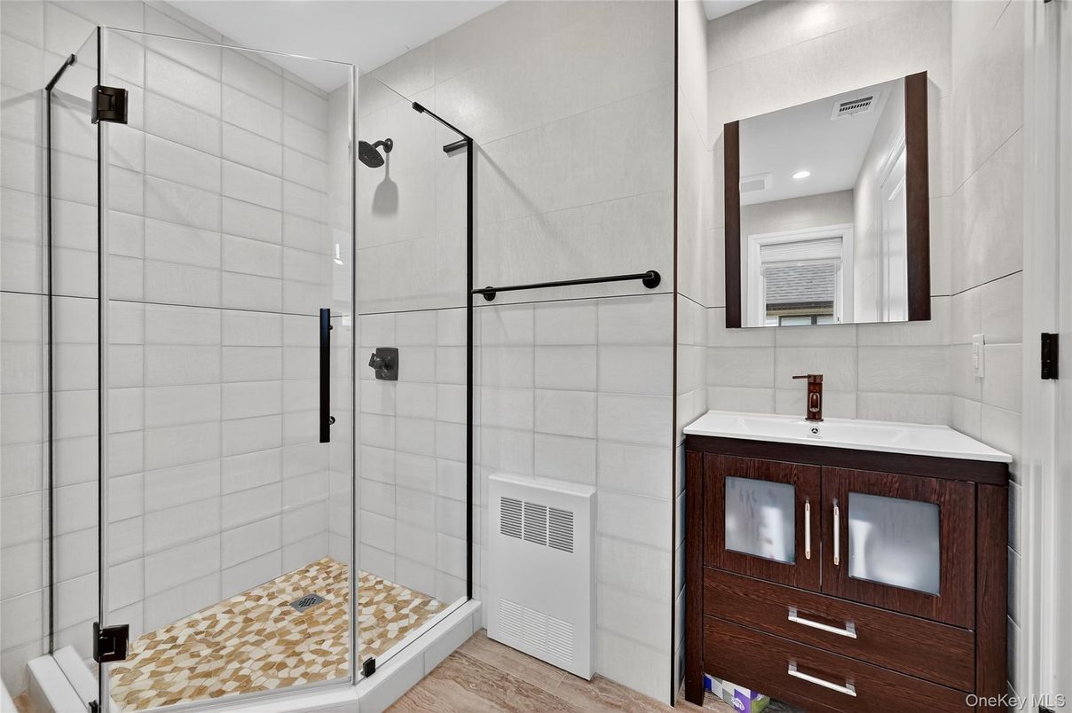 Bathroom, Glass Shower, Interior, Recessed Lighting, Wood Texture Flooring